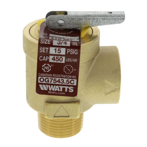 WATTS Watts 0346045 415-M1 3/4 inch Brass Safety Relief Valve 15 PSI 450 lbs/hr Replacement 0346045