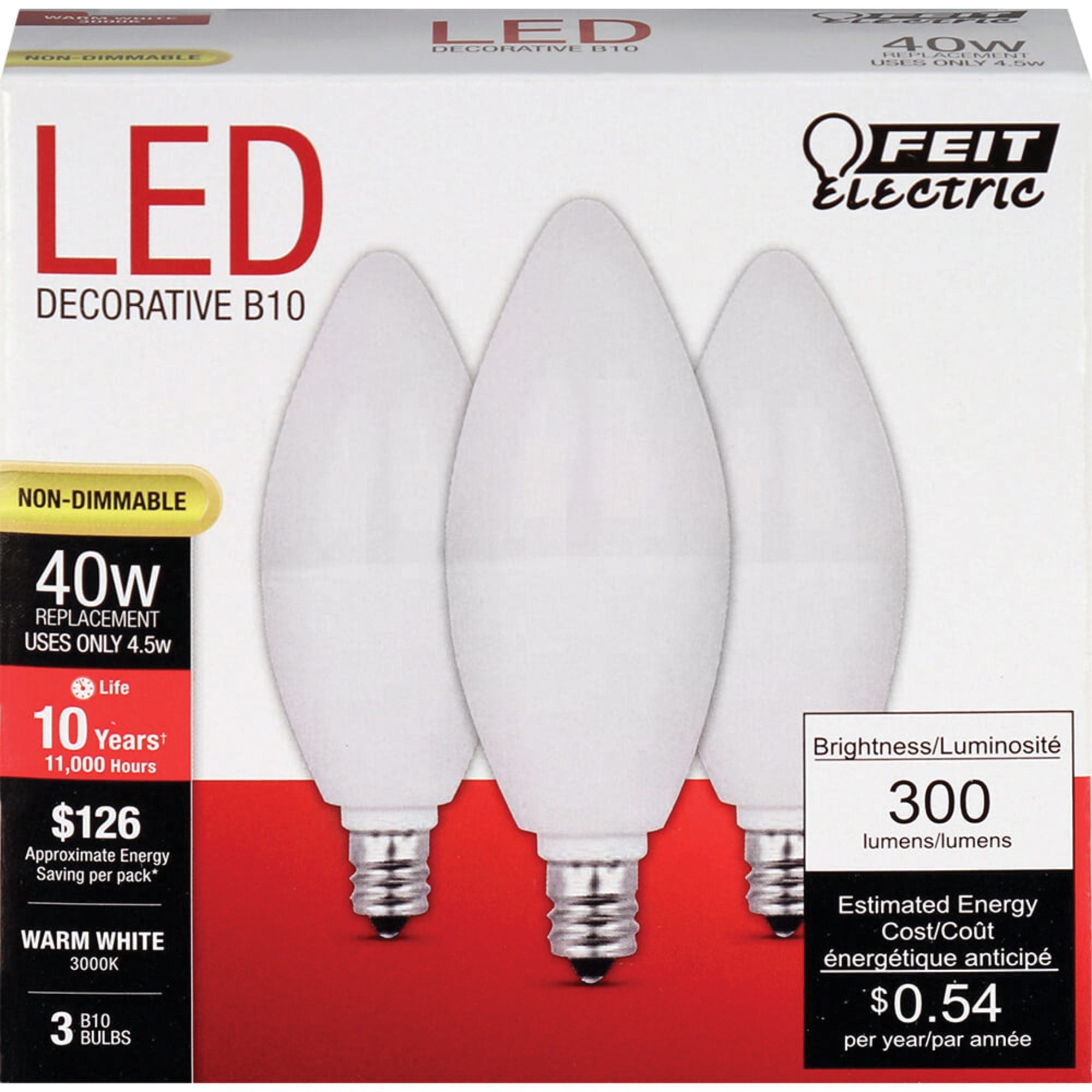 FEIT ELECTRIC Feit Electric CTF40/10KLED/3 Non-Dimmable LED Chandelier B10 4.5W (40W Equivalent) 3-Pack 40W