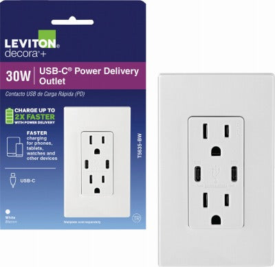 LEVITON Leviton RN2-T5635-0BW 30W Usb-c Wall Outlet Tr White 3pk