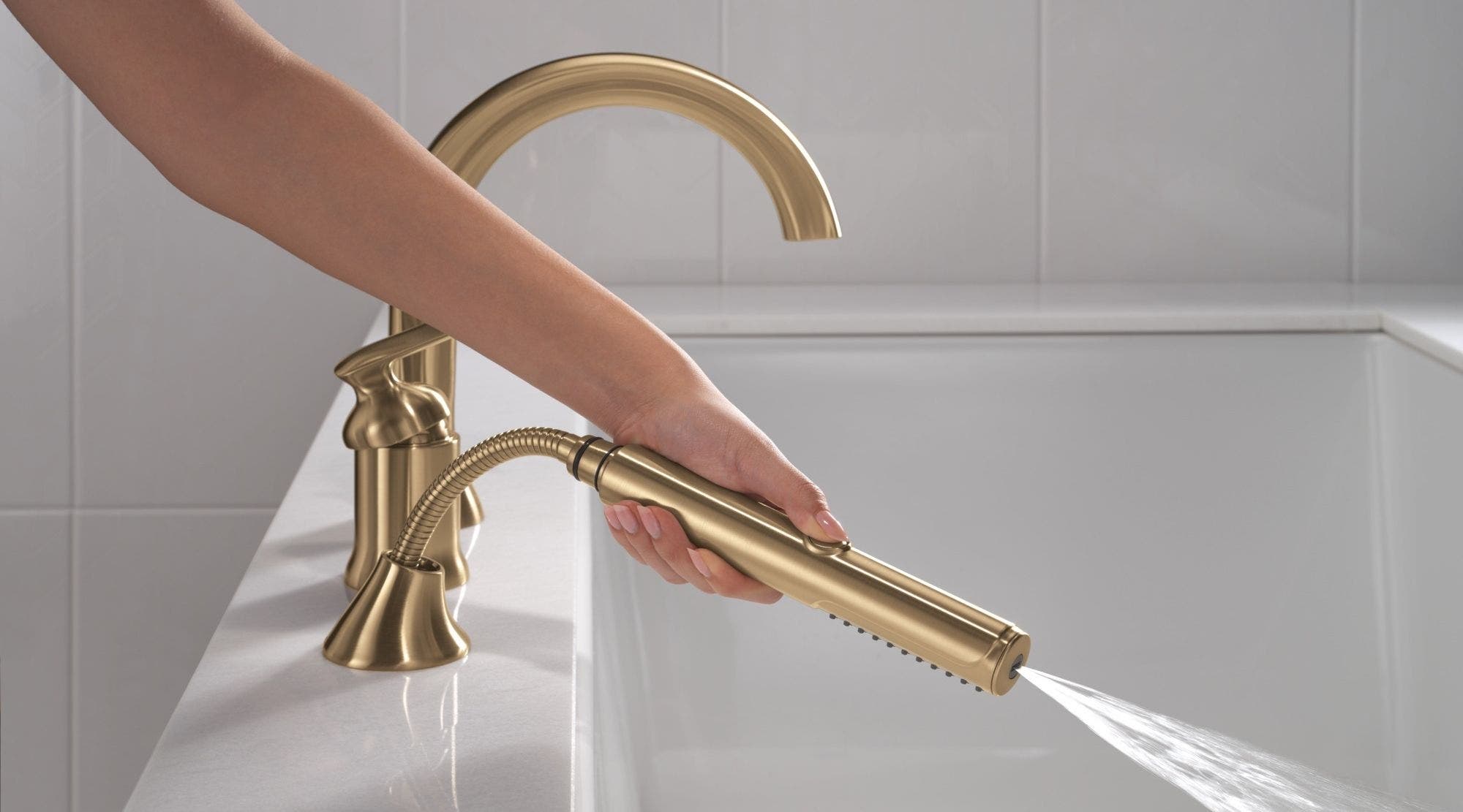 DELTA FAUCET Delta Faucet T3745-PN-PR Three Hole Roman Tub Trim with Hand Shower 3-hole 8-16 inch installation