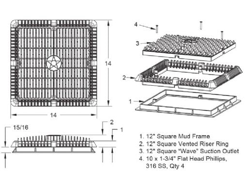 AQUASTAR POOL PRODUCTS AquaStar WAV12WR102 AquaStar 12 Square Wave Suction Outlet Cover with Vented Riser Ring with Mud Frame (VGB Series)