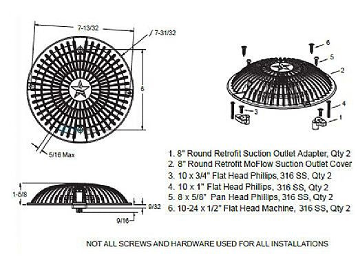 AQUASTAR POOL PRODUCTS AquaStar Pool Products R8MF103 Main Drain Grate Retro 8 Inch Round MoFlow with Hardware Light Gray Replacement R8MF103