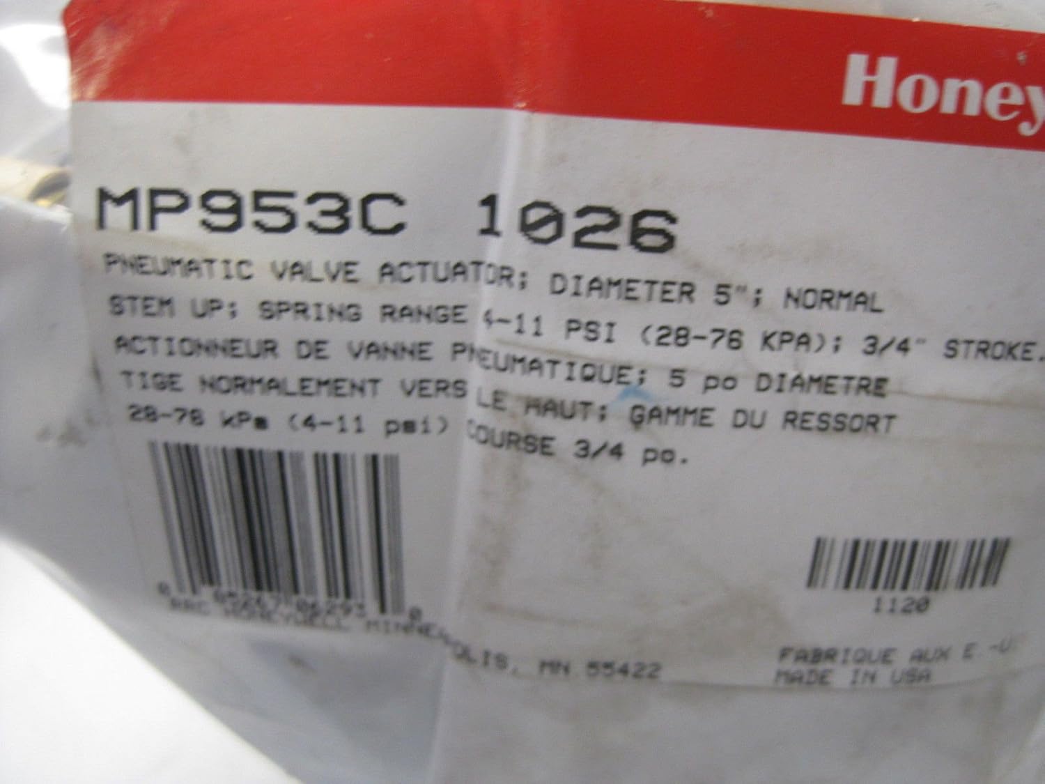 HONEYWELL Honeywell MP953C1026 Pneumatic Valve Actuator 4-11 PSI