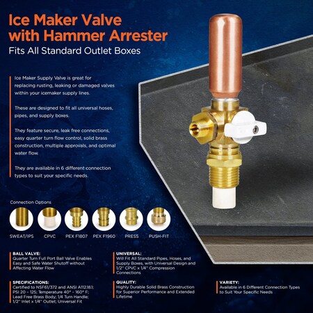 EVERFLOW Everflow 545CH Icemaker Replacement Valve CPVC Inlet 1/2 Inch to Compression Outlet 1/4 Inch Lead Free Brass