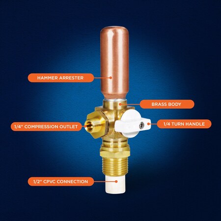 EVERFLOW Everflow 545CH Icemaker Replacement Valve CPVC Inlet 1/2 Inch to Compression Outlet 1/4 Inch Lead Free Brass