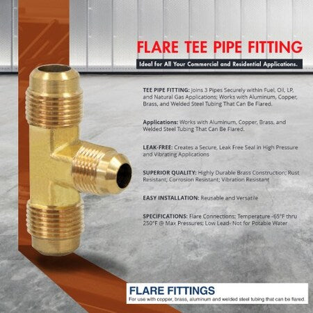 EVERFLOW Everflow F44R-585812 Brass Flare Reducing Tee Pipe Fitting 5/8 x 1/2 Inch