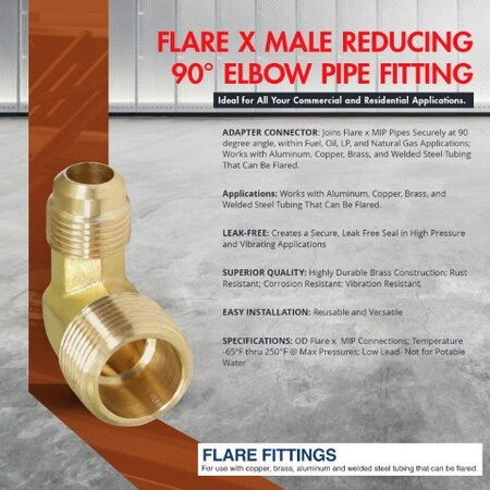 EVERFLOW Everflow F49R-1438 1/4 Inch Flare x 3/8 Inch MIP Reducing 90 Degree Elbow Pipe Fitting Brass