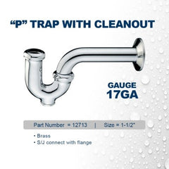 EVERFLOW Everflow 12713 P-Trap with Drain Plug 17GA Chrome Plated Brass 1-1/2 Inch