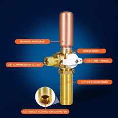 EVERFLOW Everflow 545TH Icemaker Replacement Valve with Hammer Arrestor 1/2 Inch SWT/MIP Inlet x 1/4 Inch Compression Outlet Lead-Free Brass