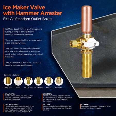 EVERFLOW Everflow 545TH Icemaker Replacement Valve with Hammer Arrestor 1/2 Inch SWT/MIP Inlet x 1/4 Inch Compression Outlet Lead-Free Brass