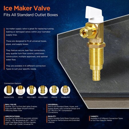 EVERFLOW Everflow 545P Icemaker Replacement Valve 1/2 PEX B Inlet x 1/4 Compression Outlet Lead Free Brass