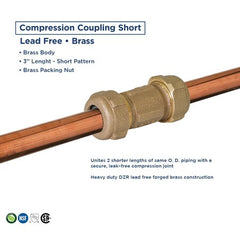 EVERFLOW Everflow BRCS0200-NL Coupling Fitting with Packing Nut Brass 3 Inches Length 2 Inches Compression