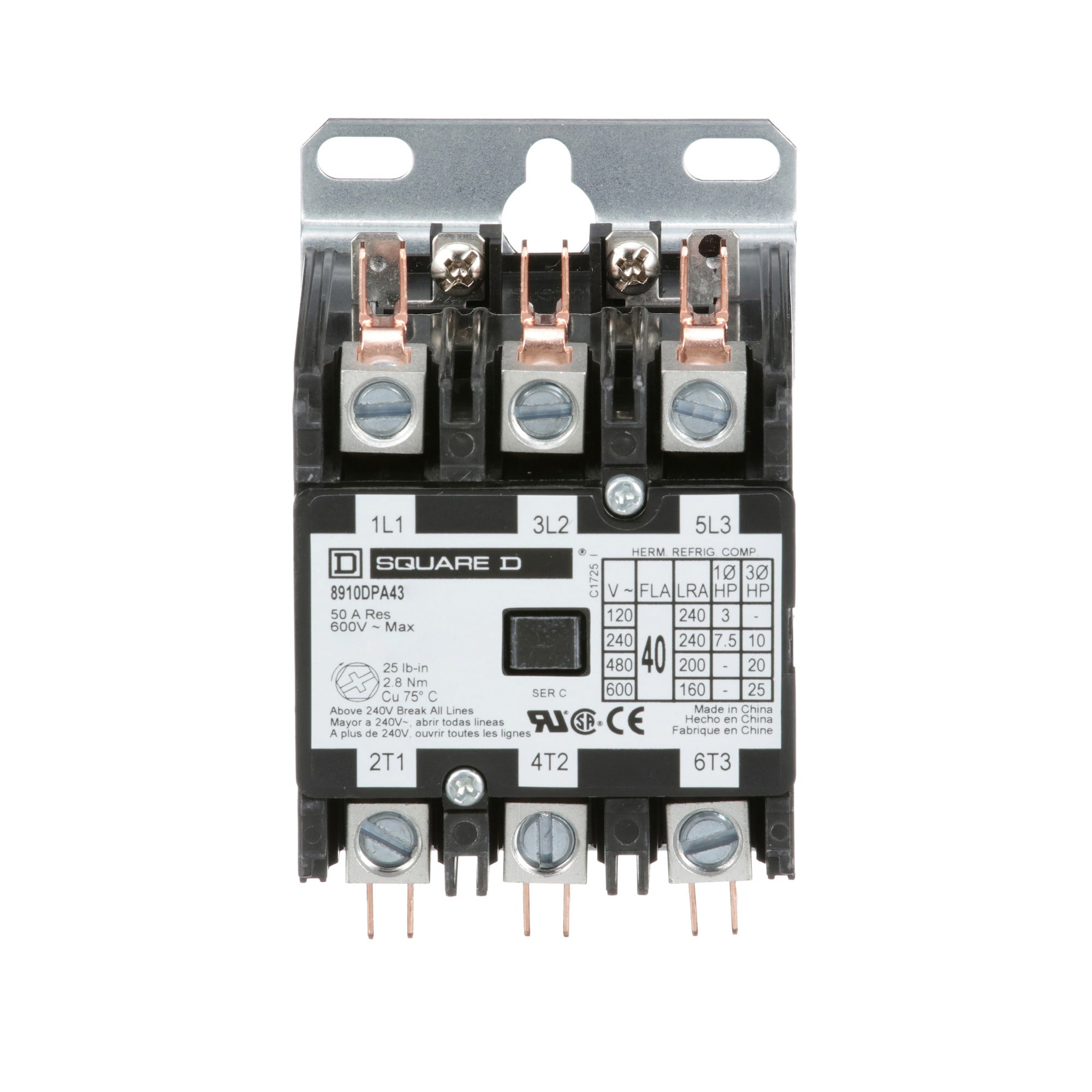 SCHNEIDER ELECTRIC Schneider Electric 8910DPA43V04 3-Pole 40 Amp 277 VAC Contactor