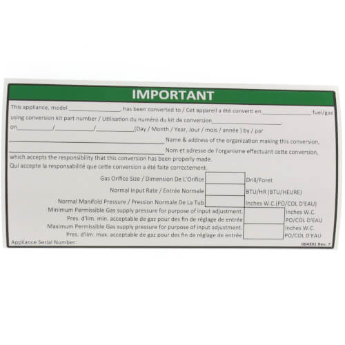 REZNOR 64391 NATURAL GAS CONVERSION KITS