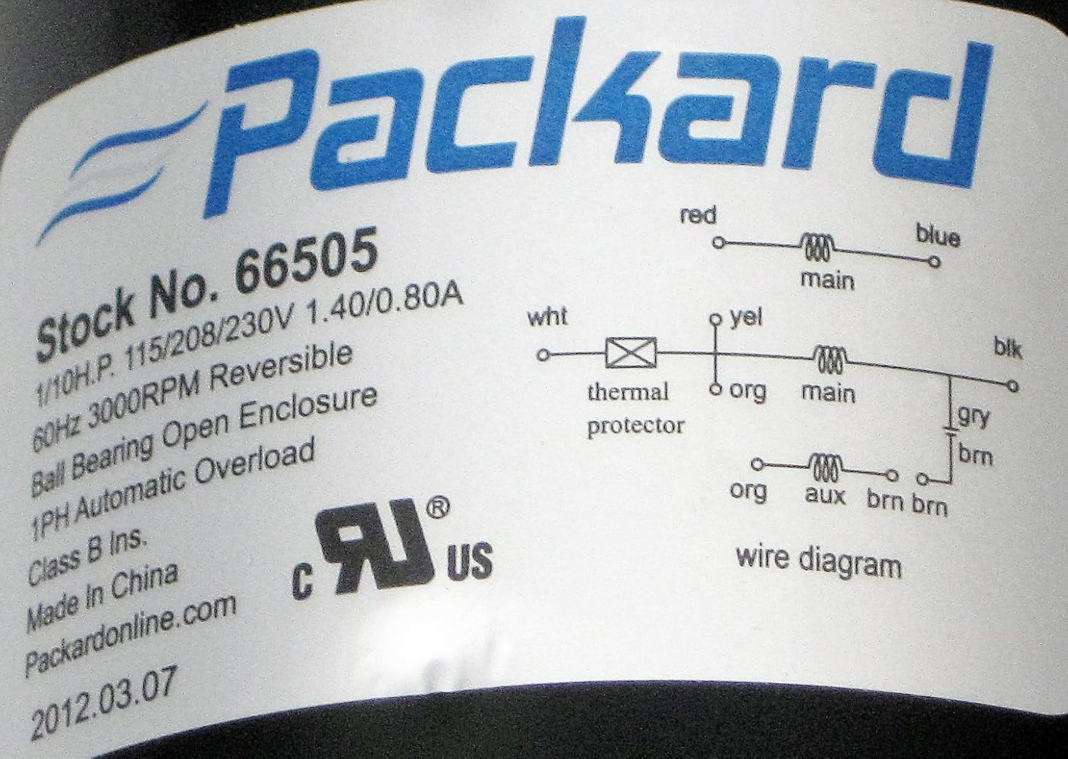 PACKARD Packard 66505 Unit Heater Motor 1/10 HP 115/208-230V Replaces CCW175-43846