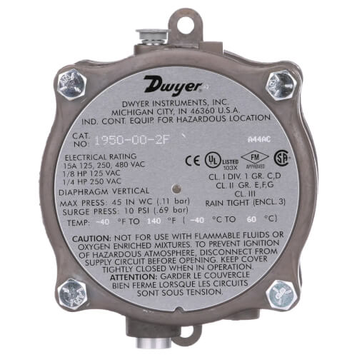 DWYER Dwyer 1950-10-2F Explosion-Proof Differential Pressure Switch 3-11 inches WC Fluorosilicone Diaphragm