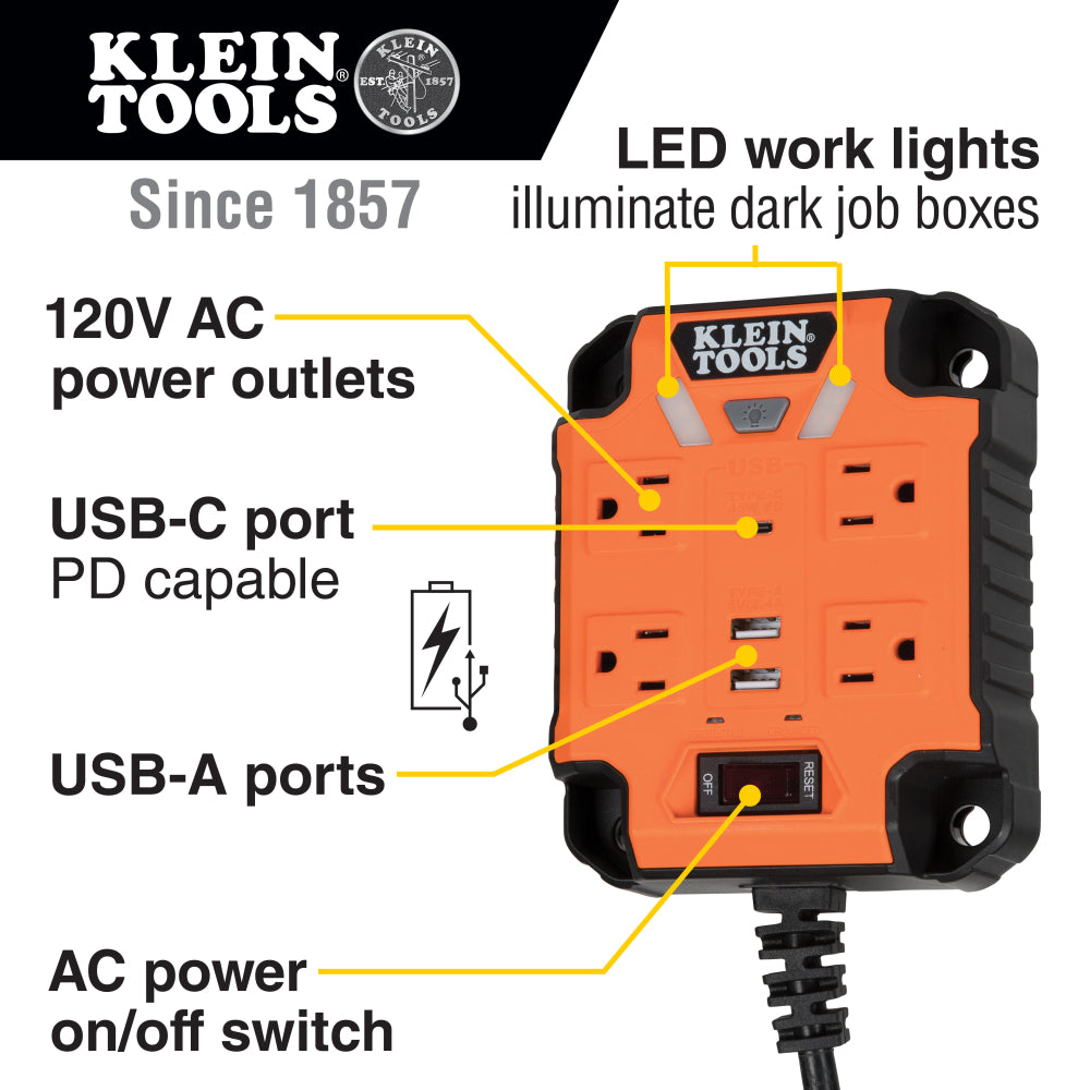 KLEIN TOOLS Klein Tools 29601 PowerBox 1 Magnetic Mounted Power Strip with Integrated LED Lights