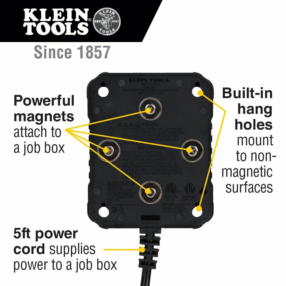 KLEIN TOOLS Klein Tools 29601 PowerBox 1 Magnetic Mounted Power Strip with Integrated LED Lights