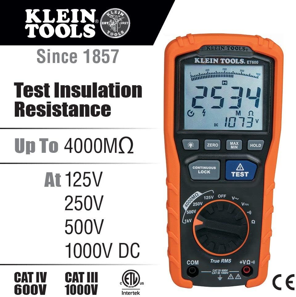 KLEIN TOOLS Klein Tools ET600 Multimeter MegohmmeterInsulation Tester 4000 OhmsResistance 125V/250V/500V/1000V Auto-Ranging TRMS Multimeter Klein Tools ET600