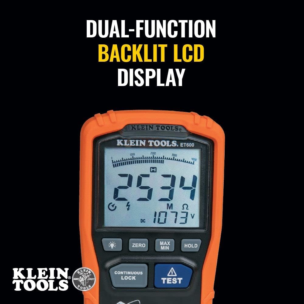 KLEIN TOOLS Klein Tools ET600 Multimeter MegohmmeterInsulation Tester 4000 OhmsResistance 125V/250V/500V/1000V Auto-Ranging TRMS Multimeter Klein Tools ET600