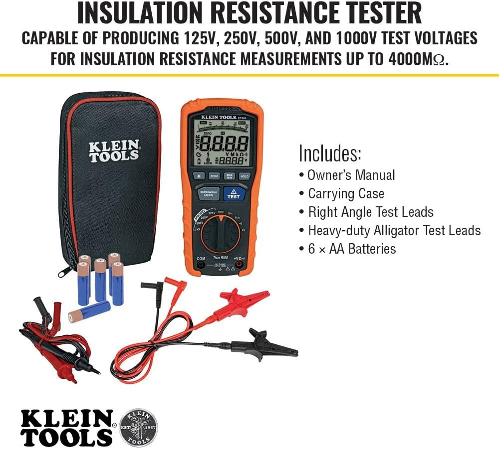 KLEIN TOOLS Klein Tools ET600 Multimeter MegohmmeterInsulation Tester 4000 OhmsResistance 125V/250V/500V/1000V Auto-Ranging TRMS Multimeter Klein Tools ET600