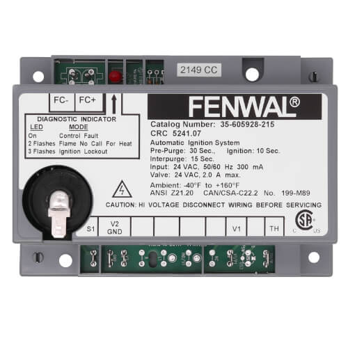 LAARS Fenwal 35-605928-215 Direct Spark Ignition Control 24V with 30 Second Prepurge