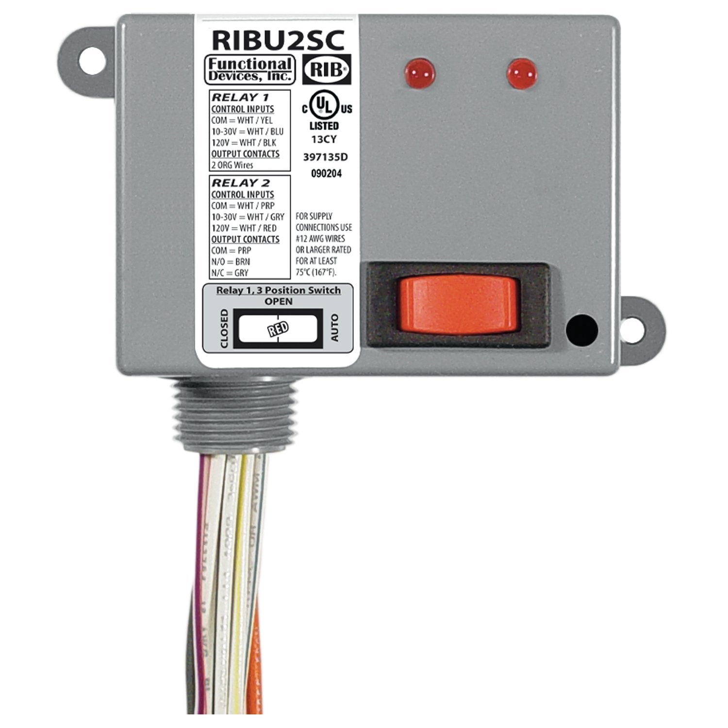 FUNCTIONAL DEVICES Functional Devices RIBU2SC Enclosed Pilot Relay 10 Amp SPST-N/O + Override + 1 SPDT 10-30 Vac/dc/120 Vac Coil