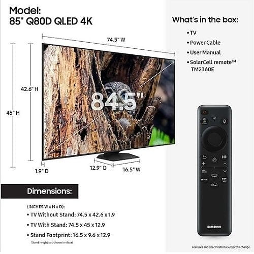 SAMSUNG Samsung QN85Q80DAF Q80D Series 85 Inch QLED Display TV