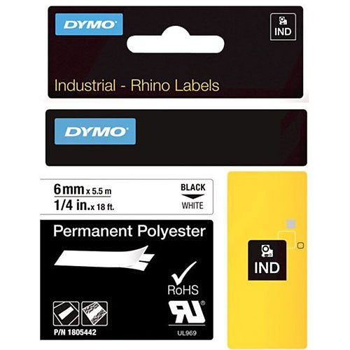 DYMO DYMO 1805442 Rhino White Polyester Tape 1/4 inch Black Text on White Label