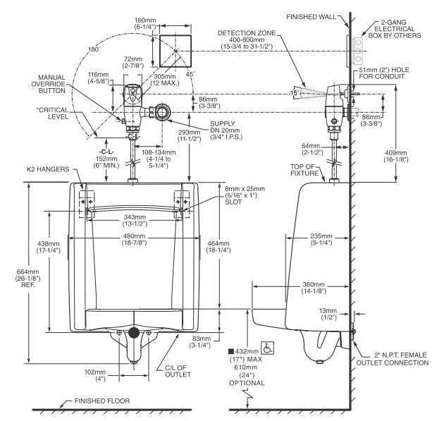 AMERICAN STANDARD American Standard 6590.530.020 Washbrook Urinal 0.125 GPF Replacement 6062.013.002