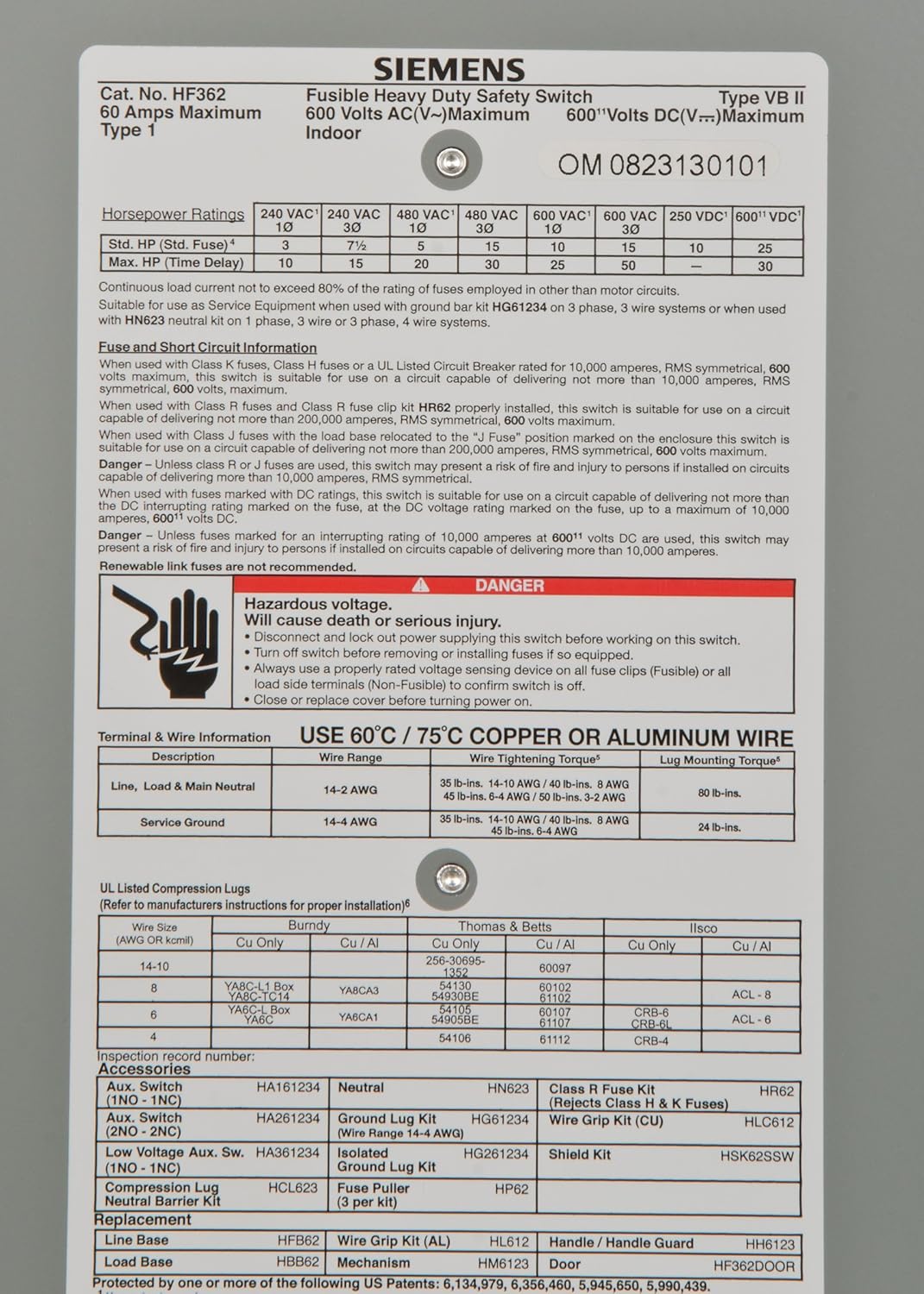 SIEMENS Siemens HF362 Safety Switch 60 Amp 600-Volt Steel Enclosure