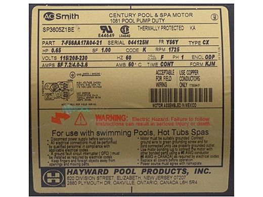 HAYWARD Hayward SPX3605Z1BER Motor Tristar Waterfall 0.65 HP 115V/208V-230V Single Speed