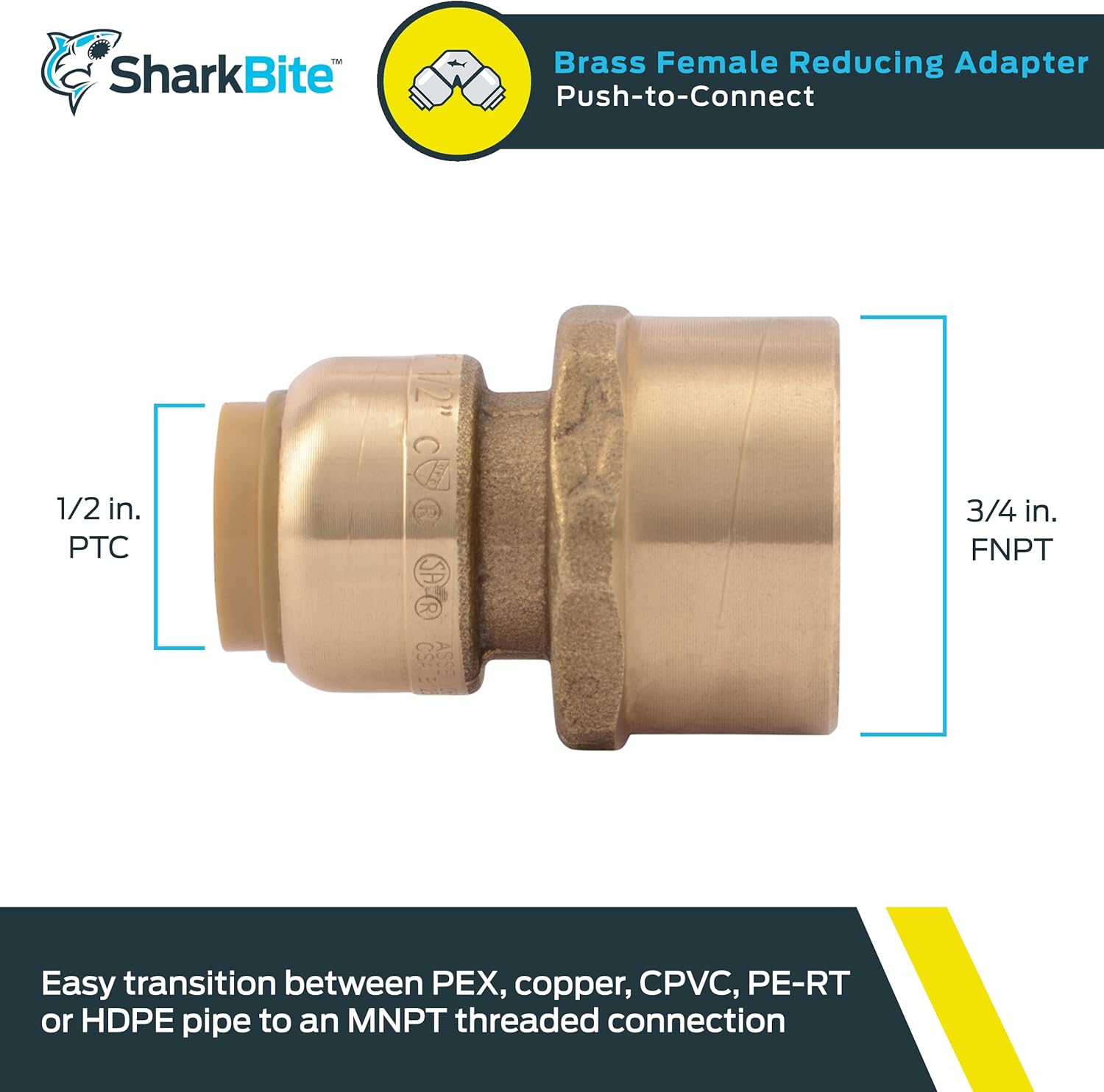 SHARKBITE SharkBite U068LFA Brass Reducing Adapter 1/2 inch x 3/4 inch FNPT Push-to-Connect