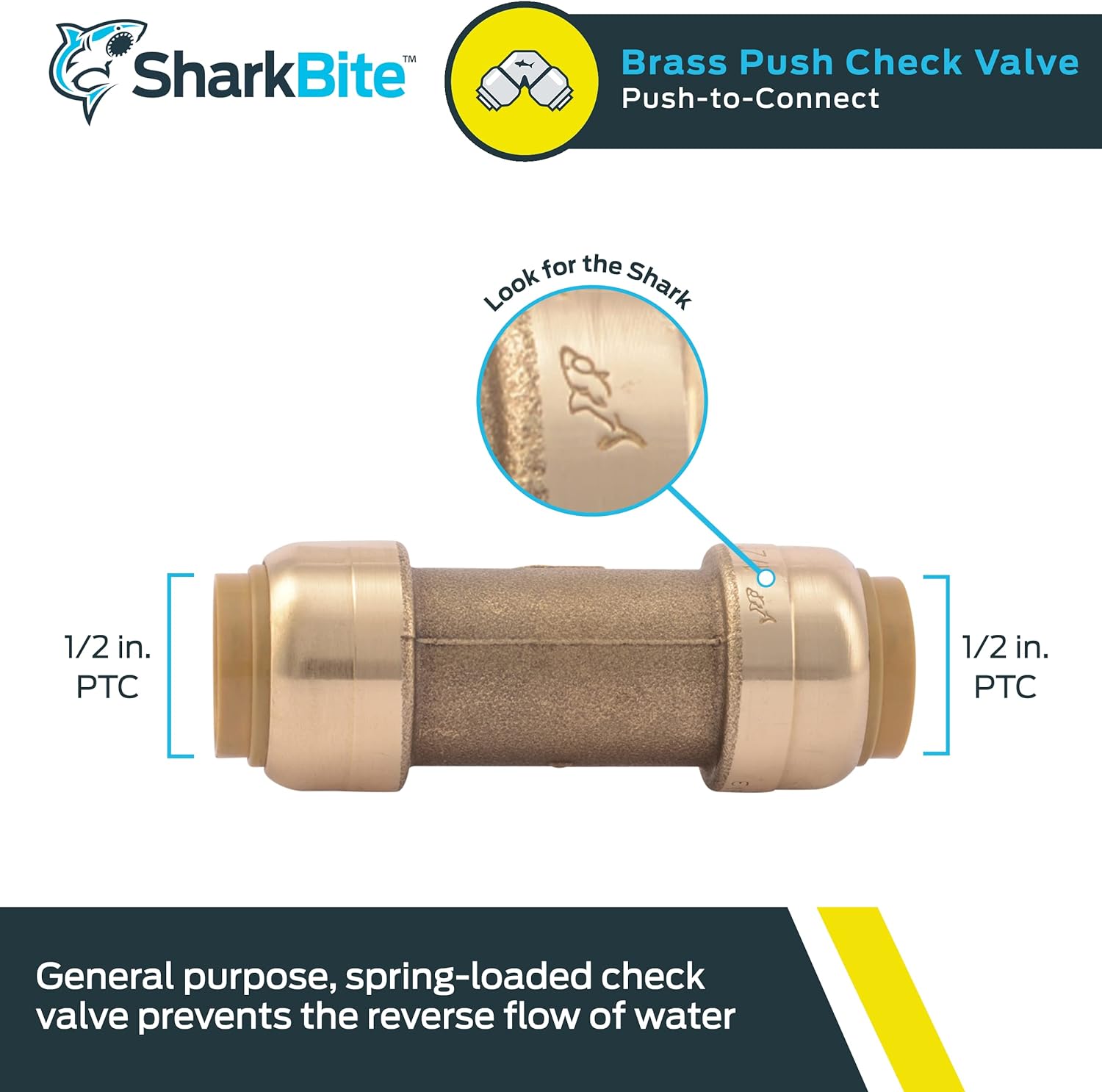 SHARKBITE SharkBite U2008-0000LFA Check Valve Brass Push Connect for PEX, Copper, CPVC, and PE-RT