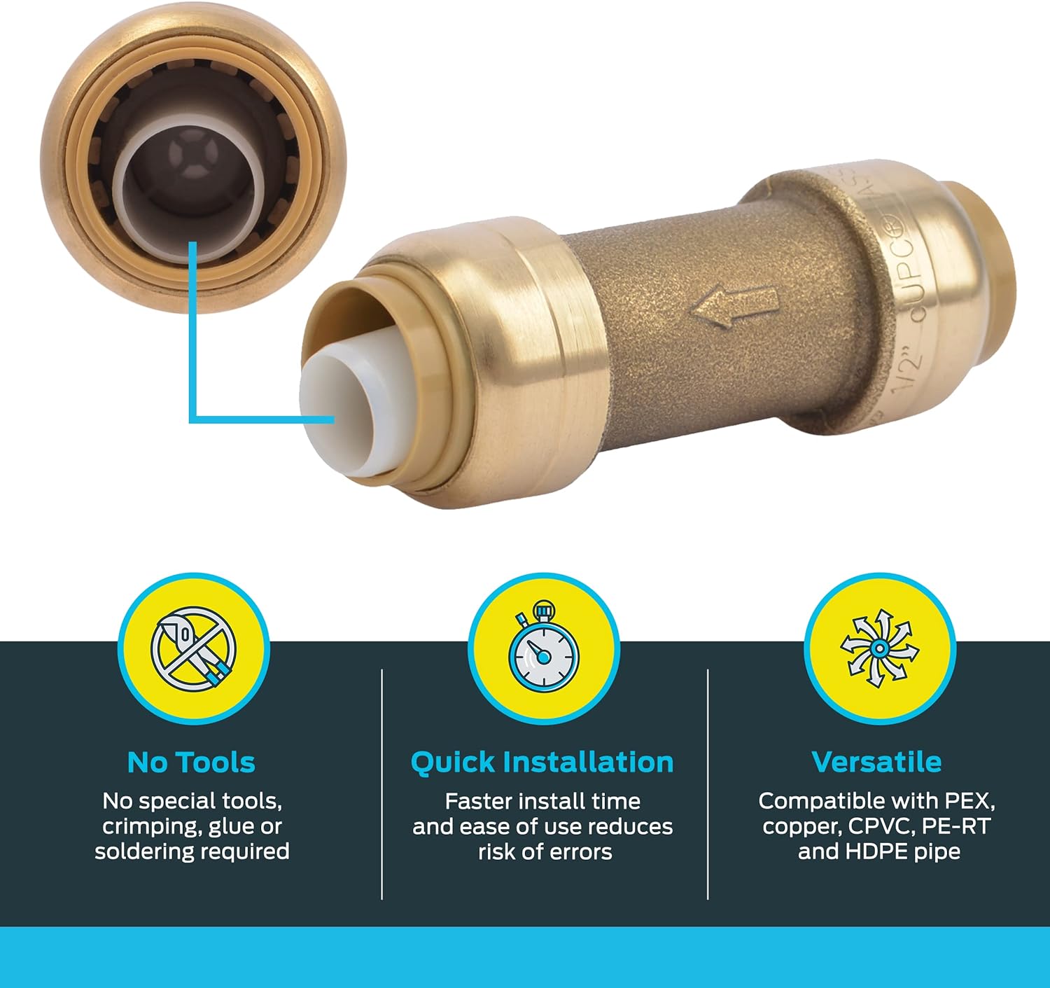 SHARKBITE SharkBite U2008-0000LFA Check Valve Brass Push Connect for PEX, Copper, CPVC, and PE-RT