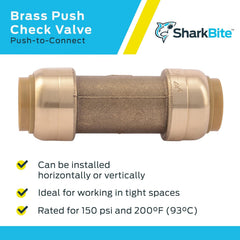 SHARKBITE SharkBite U2008-0000LFA Check Valve Brass Push Connect for PEX, Copper, CPVC, and PE-RT