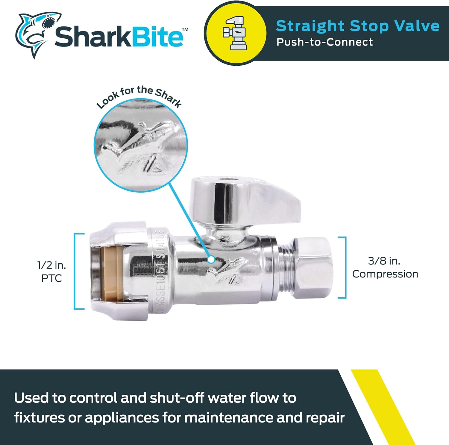SHARKBITE SharkBite 23037-0000LF Straight Stop Valve Brass 1/2 in x 3/8 in Quarter Turn