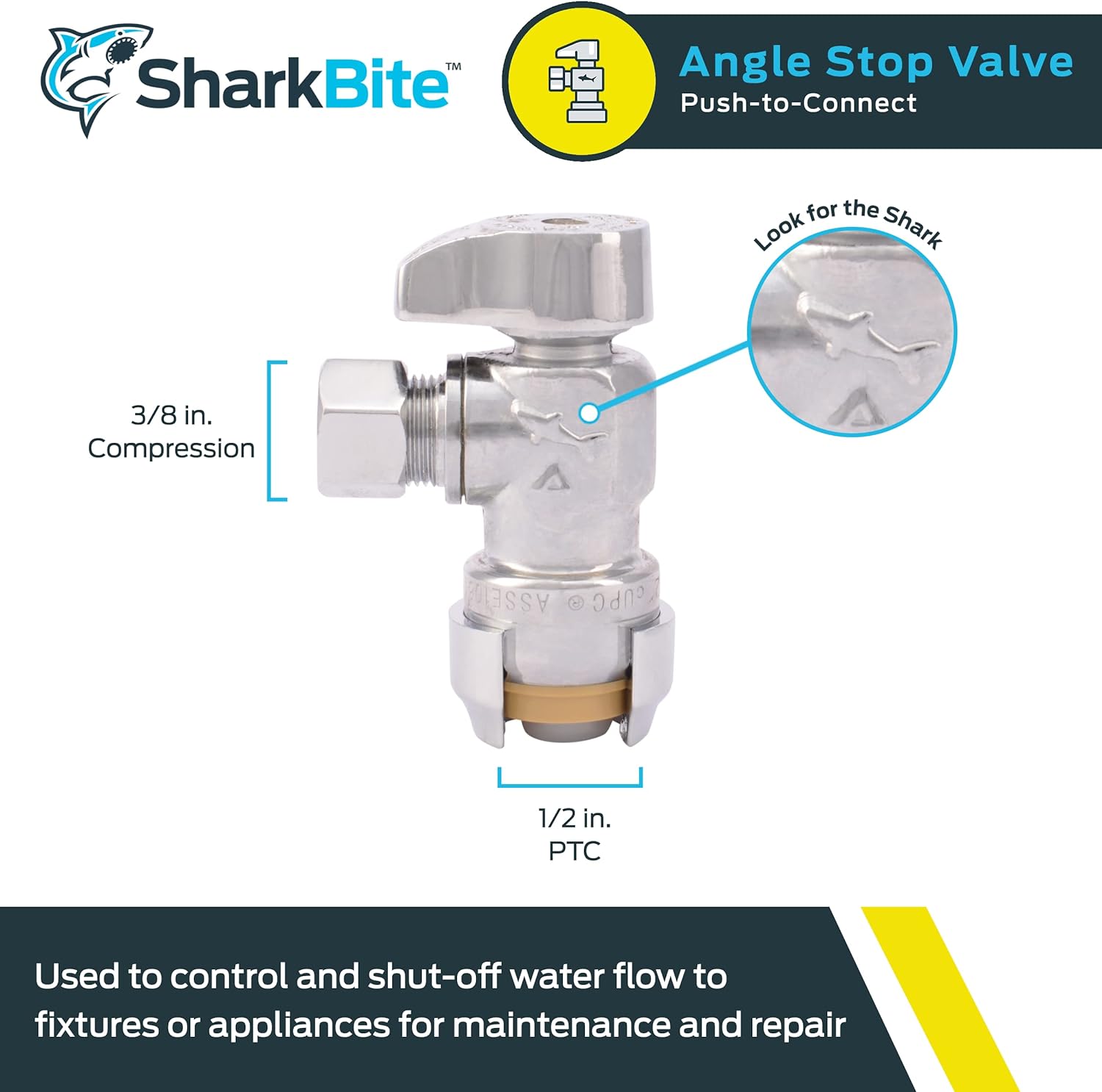 SHARKBITE SharkBite 23036-0000LF Angle Stop Valve 1/2 x 3/8 Inch Brass Chrome