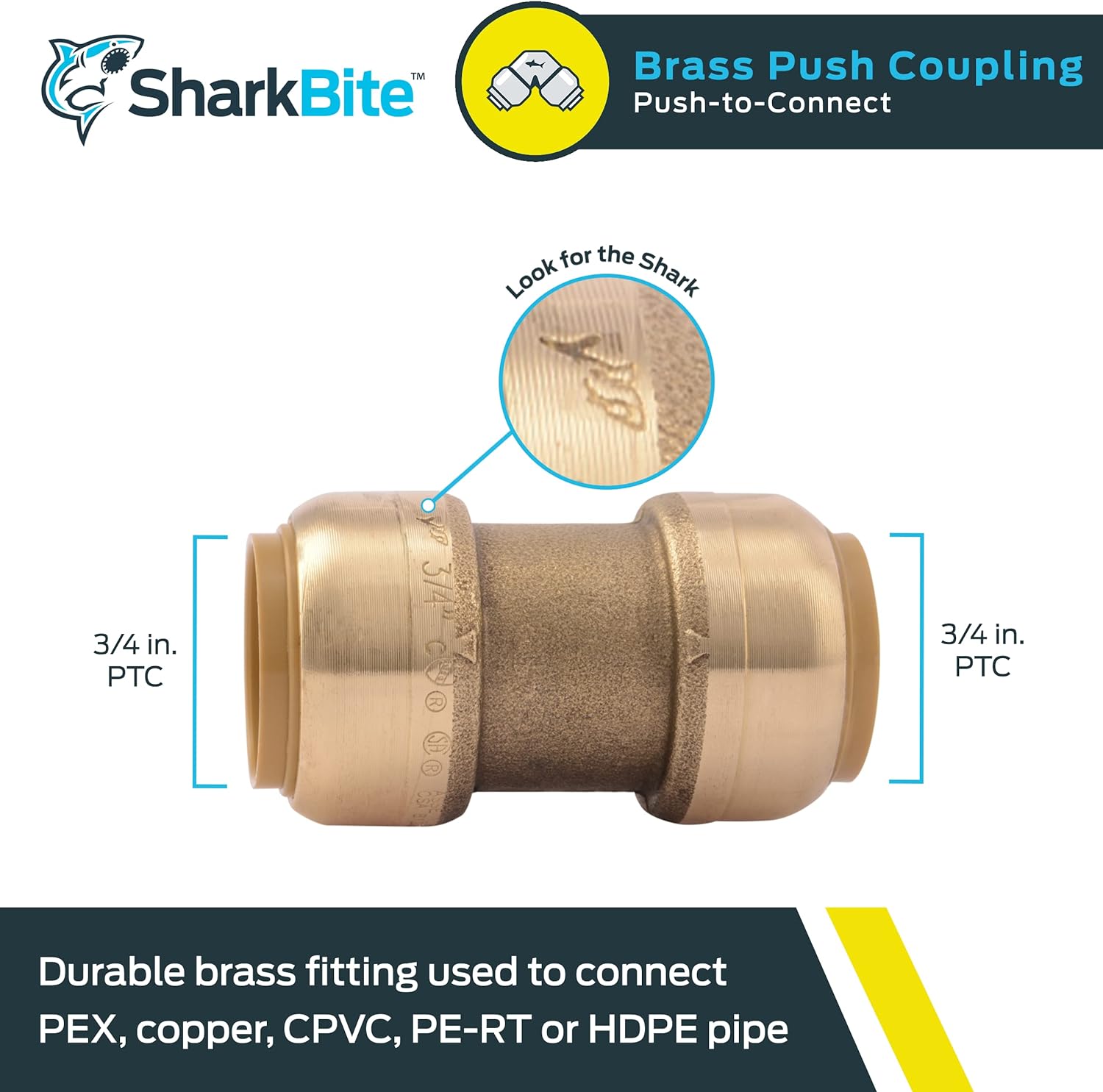 SHARKBITE SharkBite U016LF Push-Fit Brass Coupling 3/4 Inch