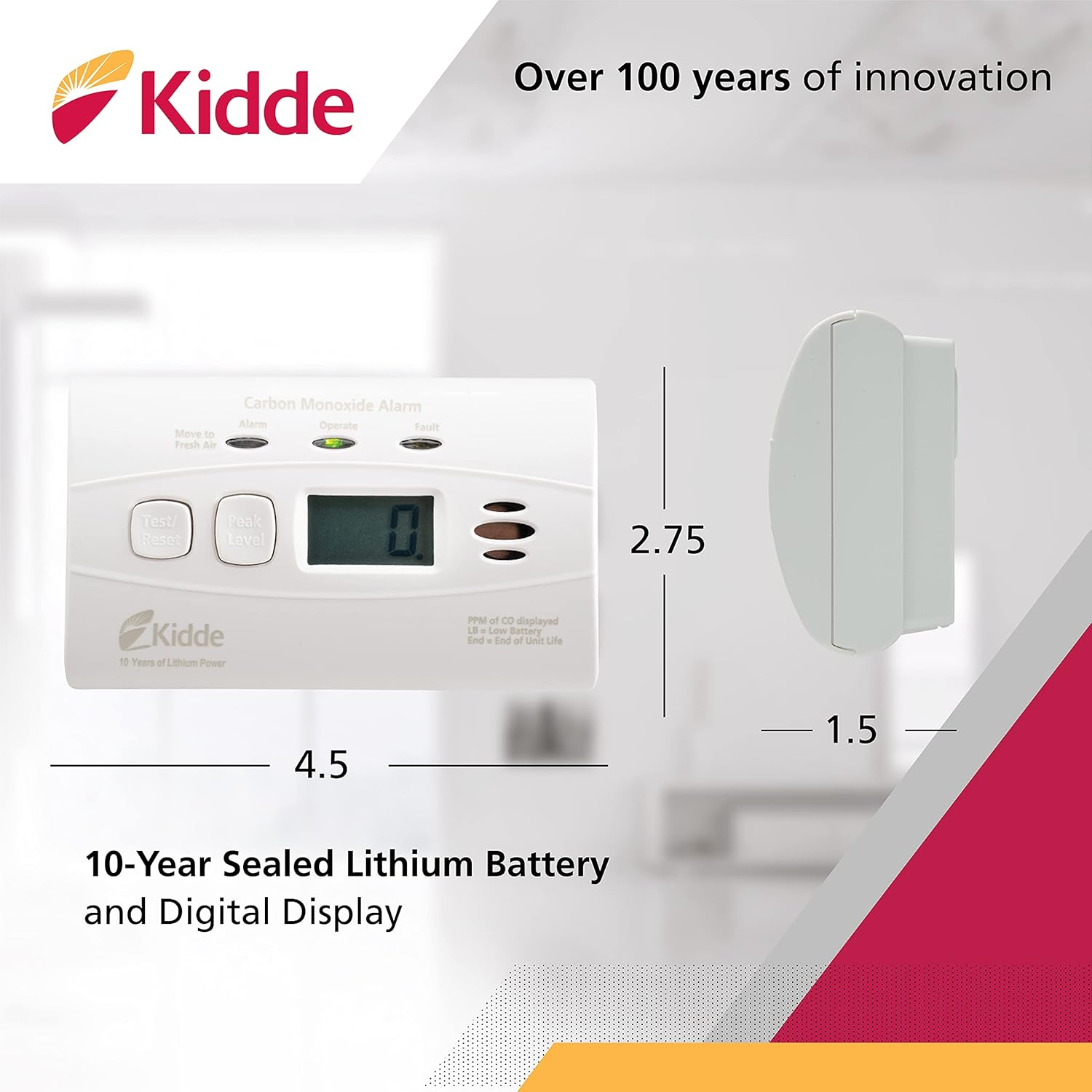 KIDDE Kidde 21010047 C3010D Carbon Monoxide Alarm with Digital Display and 10 Year Sealed Battery