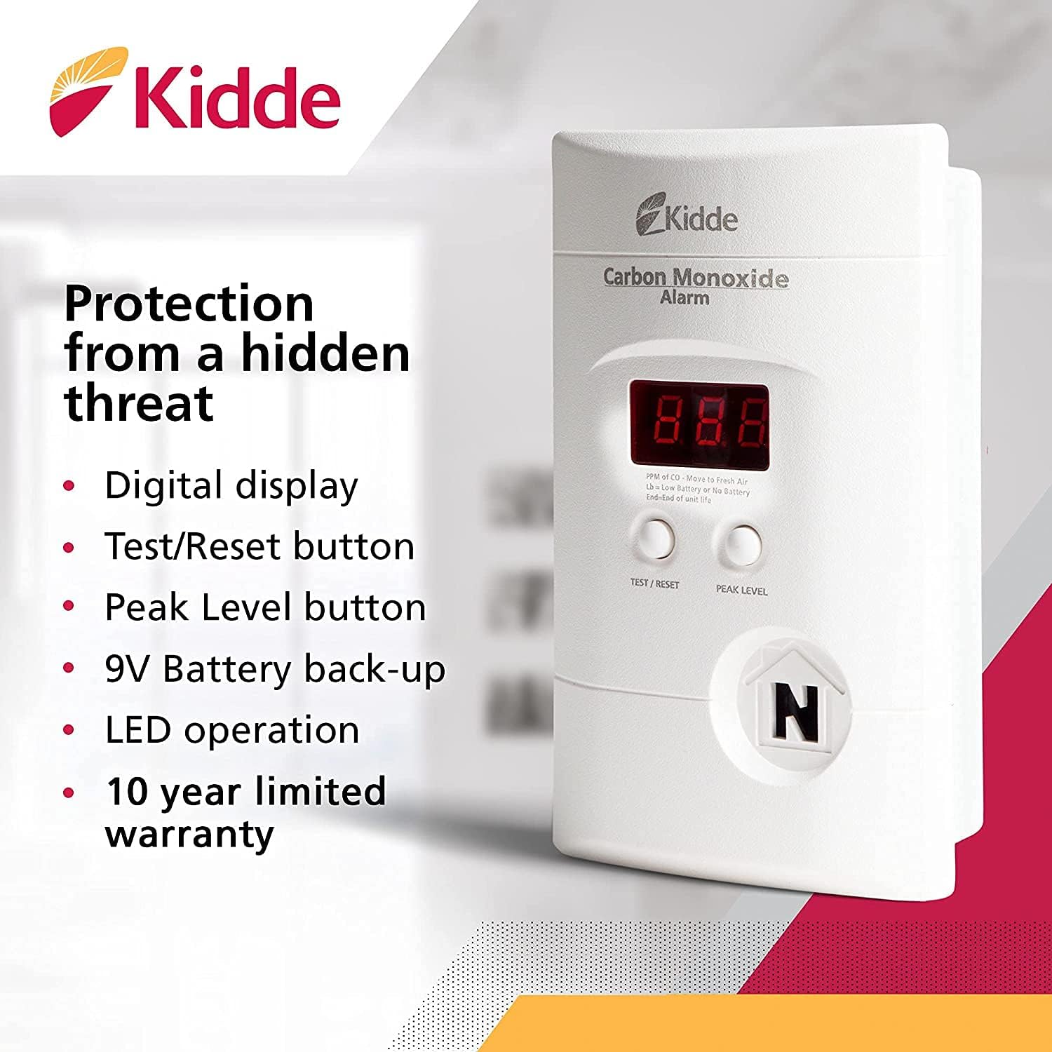 KIDDE Kidde KN-COPP-3 Carbon Monoxide Detector Plug In Wall 9-Volt Battery Backup Digital LED Display