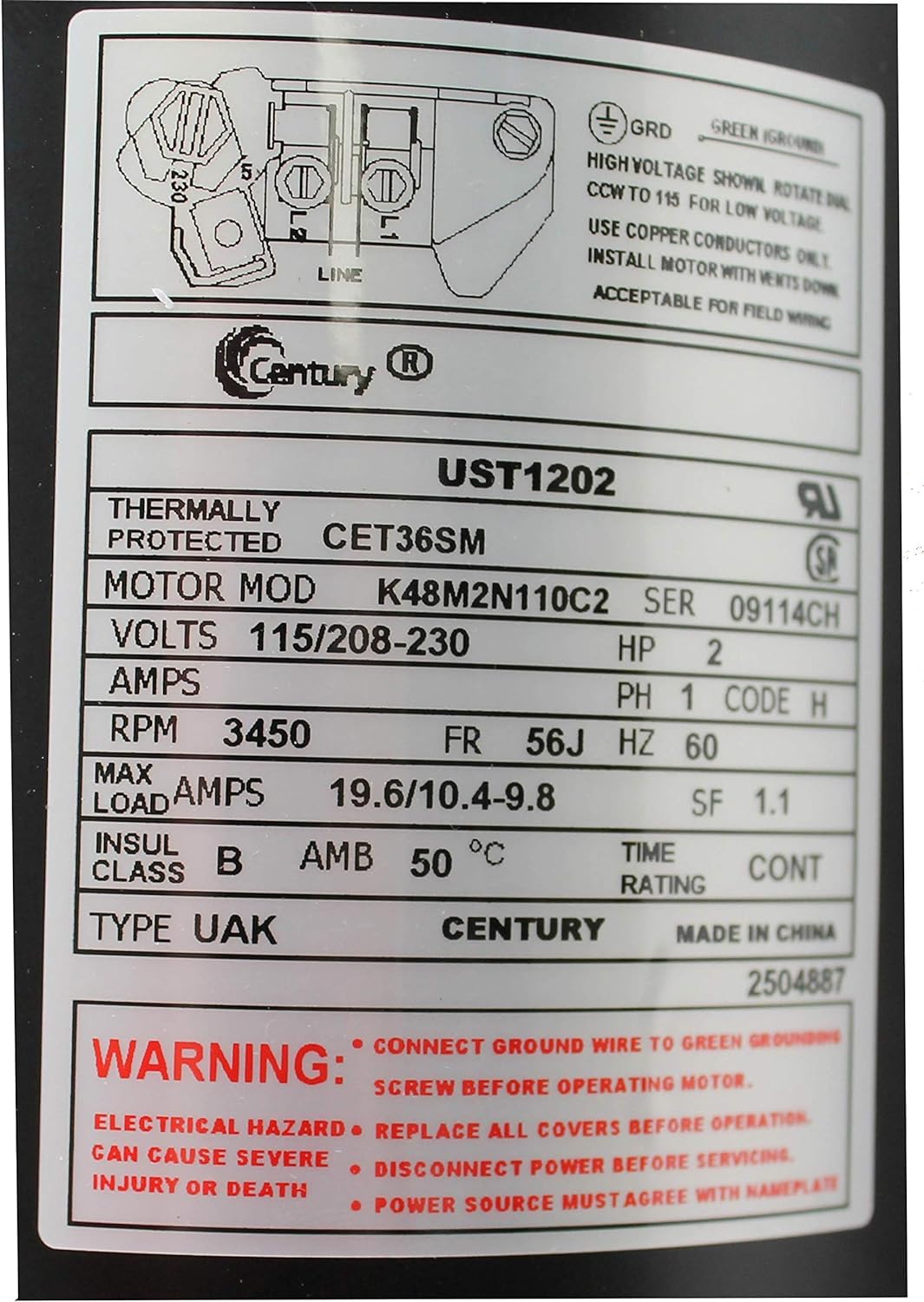 CENTURY MOTORS Century UST1202 Electric Motor 2-Horsepower Up-Rated Round Flange Replacement Motor