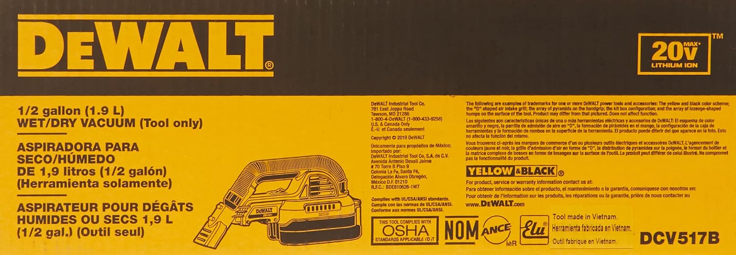DEWALT DeWalt DCV517B 20V MAX Wet-Dry Portable Vacuum 1/2 Gallon Tank HEPA Filter