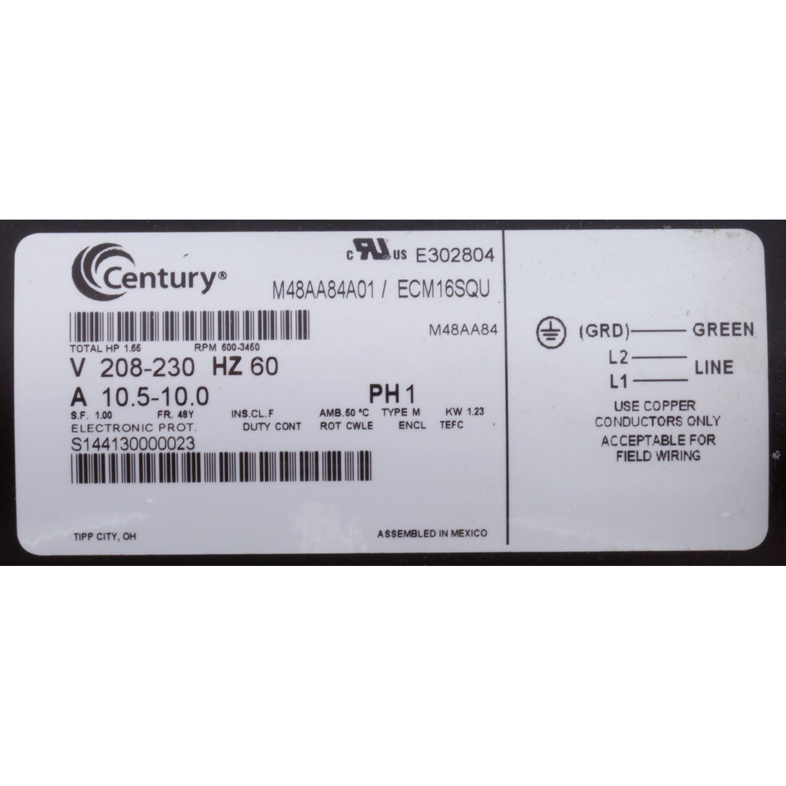 CENTURY MOTORS Century ECM16SQU Vgreen 1.65HP Motor 3450Rpm