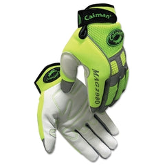 Caiman 2980-L Goat Grain Hi-Vis Reflective Back Knuckle Protection Mechanics Gloves Neoprene Large Lime Green White