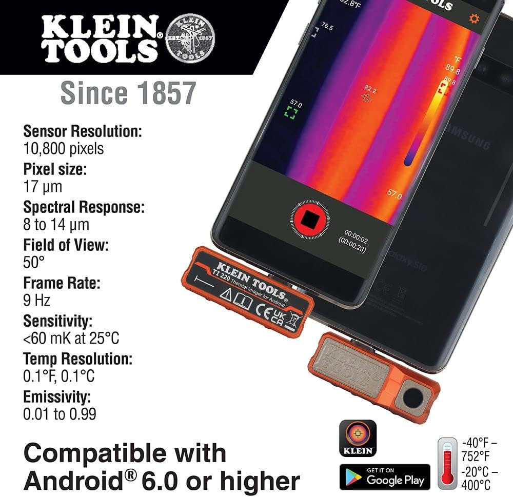 KLEIN TOOLS Klein Tools TI220 Thermal Imager for Android Devices 10800 Pixels Three Color Palettes High/Low Temperatures