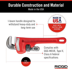 RIDGID RIDGID 31000 Model 6 Heavy-Duty Plumbing Straight 6 Pipe Wrench Red Made in the USA