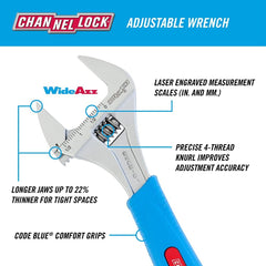 CHANNELLOCK Channellock 8WCB 8-Inch WideAzz Adjustable Wrench with 1.5 Inch Jaw Capacity and Code Blue Grip