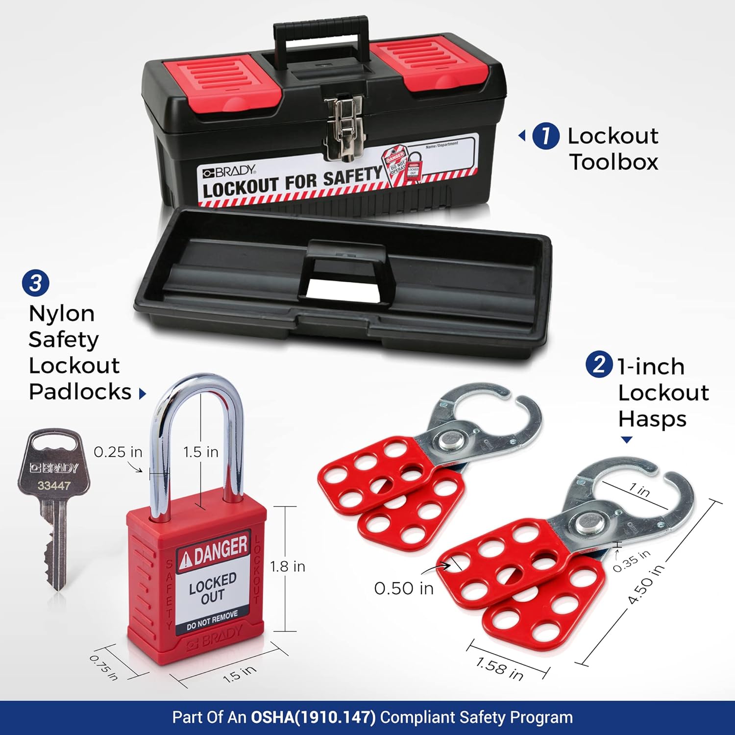 BRADY Brady 153670 Electrical Lockout Tagout Kit - Hasps Clamp on Universal Multipole Circuit Breaker Lockouts Loto Tags Plug Cable Lockout 3 Red Keyed Different Safety Padlocks (1 Key Per Lock)