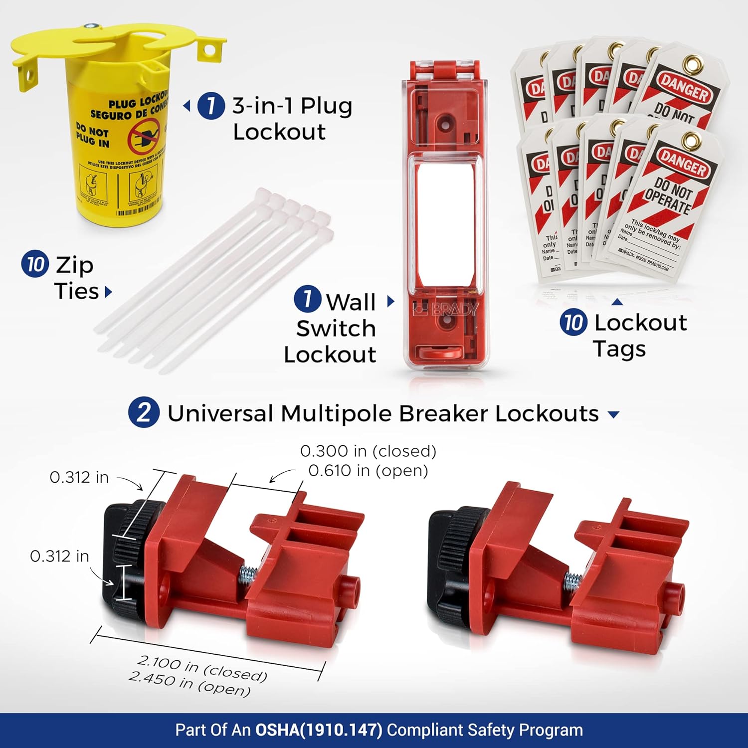 BRADY Brady 153670 Electrical Lockout Tagout Kit - Hasps Clamp on Universal Multipole Circuit Breaker Lockouts Loto Tags Plug Cable Lockout 3 Red Keyed Different Safety Padlocks (1 Key Per Lock)
